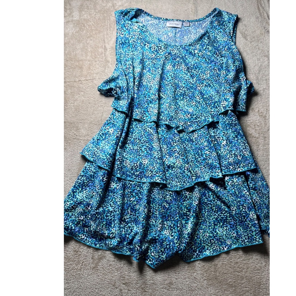 Avenue Blue Green Abstract Mosaic Tiered Ruffle Sleeveless Top Plus Size 22/24